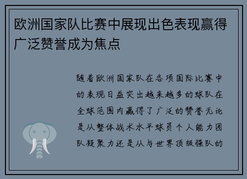 欧洲国家队比赛中展现出色表现赢得广泛赞誉成为焦点