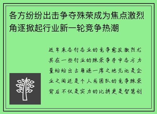 各方纷纷出击争夺殊荣成为焦点激烈角逐掀起行业新一轮竞争热潮