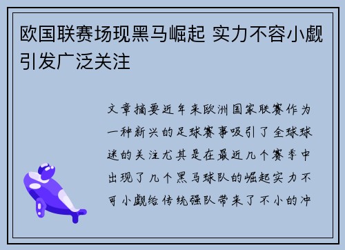 欧国联赛场现黑马崛起 实力不容小觑引发广泛关注
