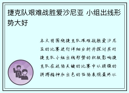 捷克队艰难战胜爱沙尼亚 小组出线形势大好