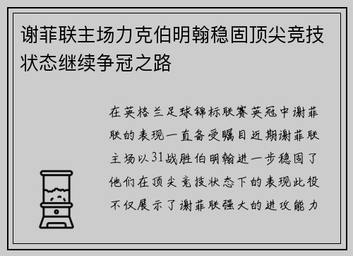 谢菲联主场力克伯明翰稳固顶尖竞技状态继续争冠之路