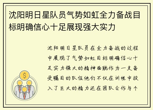 沈阳明日星队员气势如虹全力备战目标明确信心十足展现强大实力