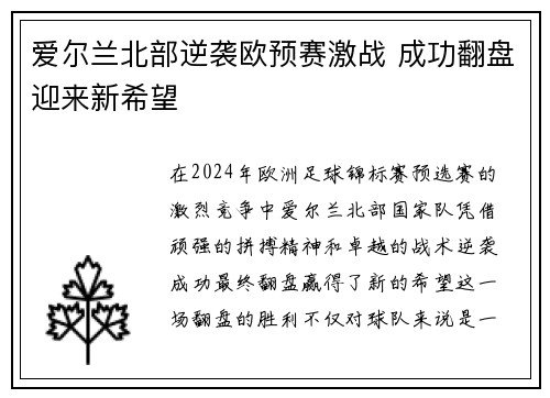 爱尔兰北部逆袭欧预赛激战 成功翻盘迎来新希望