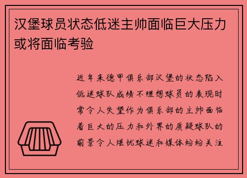 汉堡球员状态低迷主帅面临巨大压力或将面临考验